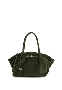 Kabelka z olivově zelené semiše se dvěma krátkými uchy, zapínáním na zip a zlatým akcentem na přední straně, s pevně tvarovaným provedením.