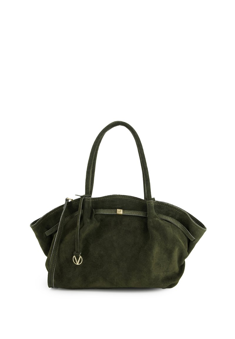 Kabelka z olivově zelené semiše se dvěma krátkými uchy, zapínáním na zip a zlatým akcentem na přední straně, s pevně tvarovaným provedením.