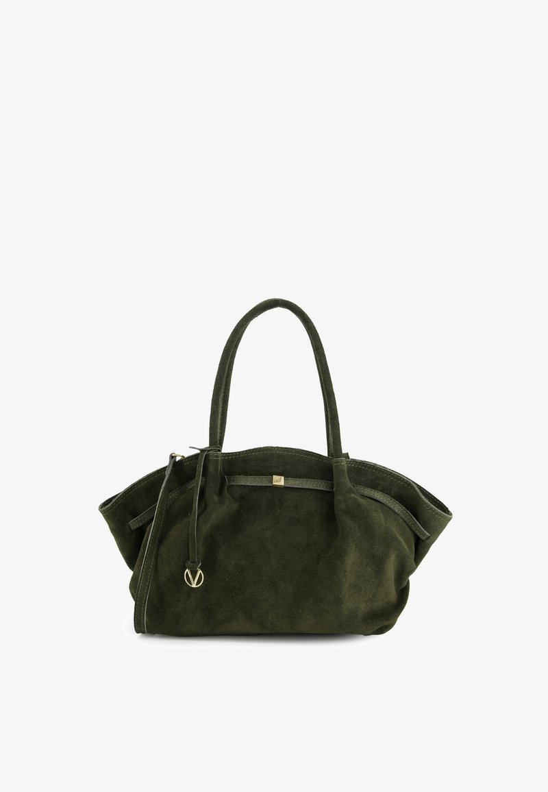 Handtas van olijfgroen suède met twee korte handvatten, een ritssluiting en een goudkleurig accent aan de voorkant, met een gestructureerde vorm.