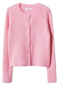 Różowy prążkowany kardigan z długimi rękawami, okrągłym dekoltem i sześcioma guzikami, wykonany z miękkiego materiału o fakturowanej powierzchni.