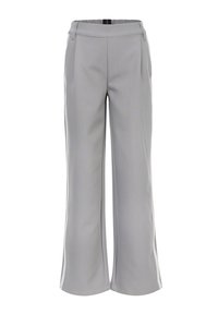 Lichtgrijze wijde broek van gladde stof met een aansluitende tailleband, voorzien van subtiele plooien aan de voorkant en zonder zichtbare sluitingen.