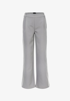 Lichtgrijze wijde broek van gladde stof met een aansluitende tailleband, voorzien van subtiele plooien aan de voorkant en zonder zichtbare sluitingen.