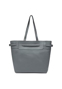 Szara skórzana torba tote z dwoma długimi rączkami, prostokątnym kształtem, teksturowaną powierzchnią i detalem w postaci przedniej kieszeni. Prosty i funkcjonalny design.