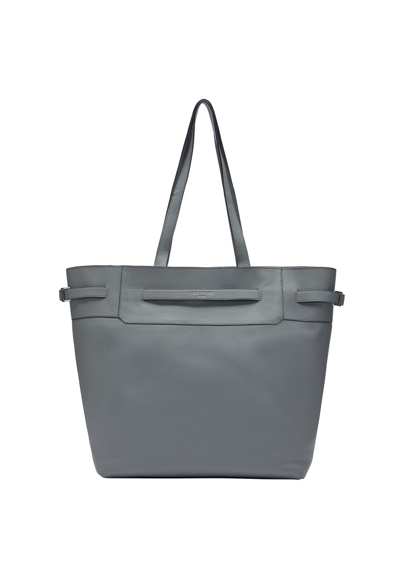 Szara skórzana torba tote z dwoma długimi rączkami, prostokątnym kształtem, teksturowaną powierzchnią i detalem w postaci przedniej kieszeni. Prosty i funkcjonalny design.