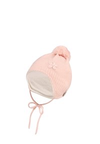 Pink knit baby hat with ear flaps, pom-pom on top, floral embroidery, soft inner lining, and ties under the chin.