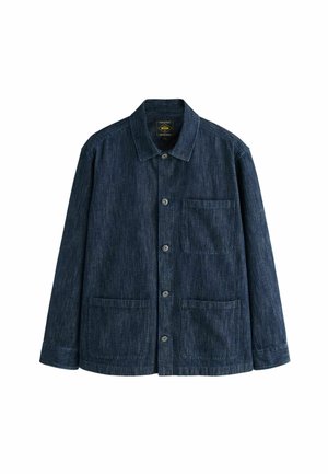 Dark denim button-up jacket with a collar, featuring two front pockets and a single chest pocket. Vertical stripes are visible throughout.