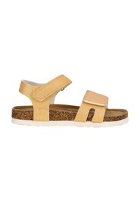 Geel glinsterende sandaal met een kurken voetbed, klittenbandbandjes, open ontwerp en een witte rubberen zool met een gestructureerde grip.