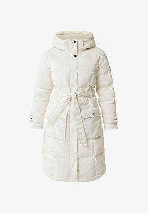 Gepolsterter, knielanger weißer Mantel mit Kapuze, tailliertem Gürtel, Druckknöpfen, zwei vorderen Taschen und schwarzen Knopfakzenten. Glatte, strukturierte Oberfläche.