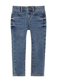 Jeans in denim blu medio con design a cinque tasche, dettagli cuciti, taglio dritto e lievi sbiaditure su tutto il tessuto.