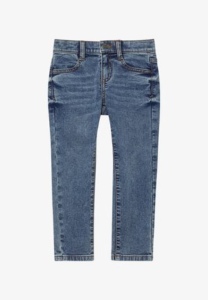 Jeans dżinsowe w średnim niebieskim odcieniu z pięcioma kieszeniami, przeszyciami, prostym krojem i lekkim wyblaknięciem na całej powierzchni materiału.