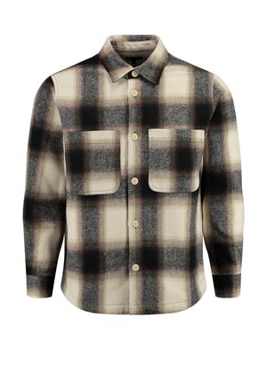 Karierte Flanellhemd in Creme, Schwarz und Grau. Mit einem Button-Down-Kragen, zwei vorderen Taschen und Knöpfen auf der Vorderseite.