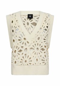 Krém színű kötött mellény V-nyakkal és ujjatlan kialakítással. Díszítik finom virágos horgolt minták és bordázott szegély.