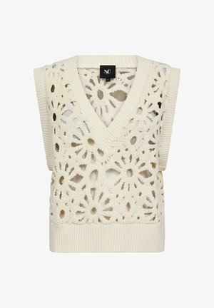 Gilet in maglia color crema con scollo a V e design senza maniche. Presenta intricati motivi all'uncinetto a forma di fiore e orlo a coste.