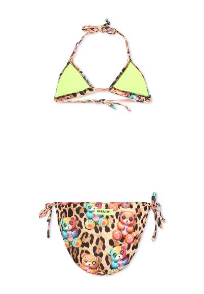 Bikini de dos piezas con top triangular verde neón y bragas con estampado de leopardo que presentan ositos de peluche coloridos y lazos laterales.