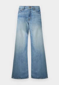 Lyseblå vide jeans laget av denim, med standard glidelås, fem lommer og en falmet finish med subtile bleke detaljer.