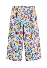 Cotton wide-leg pants featuring a multicolored floral pattern in pink, yellow, green, and blue, with an elastic waistband and side pockets.