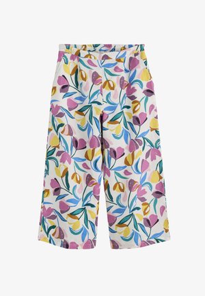 Bawełniane spodnie w stylu szerokich nogawek z wielokolorowym kwiatowym wzorem w odcieniach różu, żółci, zieleni i niebieskiego, z elastycznym paskiem w talii i bocznymi kieszeniami.