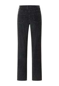 Schwarze Jeans aus Denim mit geradem Beinansatz, im Five-Pocket-Stil und dezenten Stickdetails auf den Gesäßtaschen.