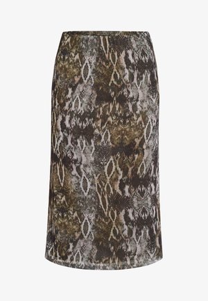 Knielanger Rock mit geradem Schnitt und mehrfarbigem braun-schwarz-weißem Schlangenledermuster.