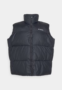 Chaleco acolchado negro aislante con cuello alto, frente con cremallera y detalle del logo en el pecho. Presenta un diseño acolchado y sin mangas.