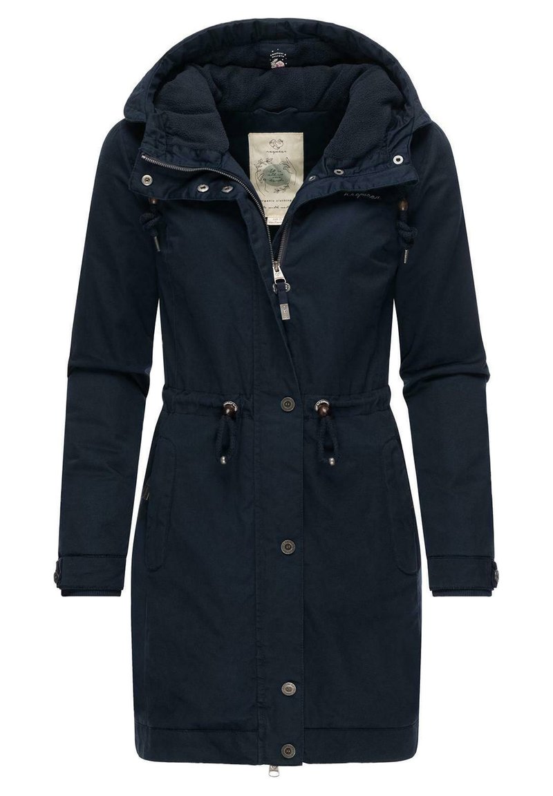 Parka bleu marine avec une taille à cordon de serrage, des zips et des boutons-pression. Dotée d'une capuche doublée en polaire et de deux poches latérales.