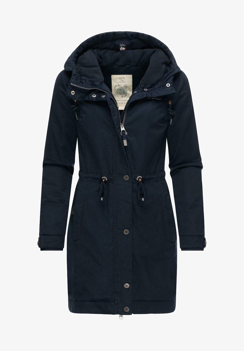 Parka bleu marine avec une taille à cordon de serrage, des zips et des boutons-pression. Dotée d'une capuche doublée en polaire et de deux poches latérales.
