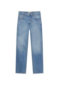 Jeans azzurri chiaro con taglio a gamba dritta, caratterizzati da un lavaggio sbiadito, cinque tasche e una chiusura frontale standard con bottone e cerniera.