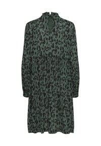 Grünes Kleid mit schwarzem abstraktem Muster, langen Ärmeln, hohem Kragen mit Rüschendetail und einem Schlüsselloch-Öffnung im Rücken. Ausgestellte Silhouette.