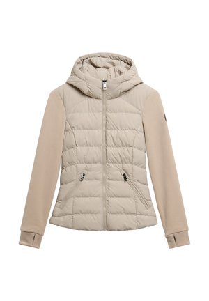 Chaqueta beige acolchada con capucha, con parte delantera acolchada, mangas de color sólido, dos bolsillos con cremallera y aperturas para pulgares en los puños.