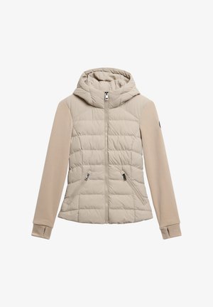 Chaqueta beige acolchada con capucha, con parte delantera acolchada, mangas de color sólido, dos bolsillos con cremallera y aperturas para pulgares en los puños.