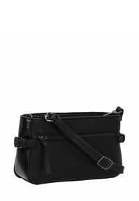 Bolso de mano negro hecho de cuero texturizado con un acabado mate, que cuenta con dos bolsillos con cremallera y una correa ajustable. Forma rectangular compacta.