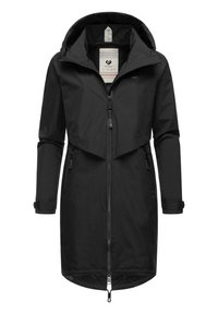 Veste imperméable noire avec une capuche, fermeture éclair sur toute la longueur, deux poches avant et un col montant. Présente un motif de doublure intérieure contrastant.