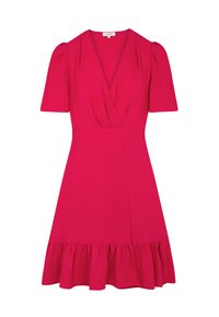 Fuchsia jurk met korte mouwen, een V-hals, gecollecteerde pofmouwen, een aansluitend lijfje en een uitlopende rok met een gerimpelde zoom. Soepele textuur.