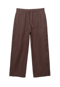 Brązowe szerokie spodnie lniane z elastycznym pasem i sznurkiem, z bocznymi kieszeniami i luźnym krojem.