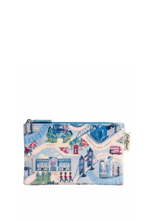 Estuche azul con cremallera con ilustraciones de monumentos de Londres, incluyendo el Puente de la Torre, el Palacio de Buckingham, la Catedral de San Pablo, autobús rojo de dos pisos y guardias.