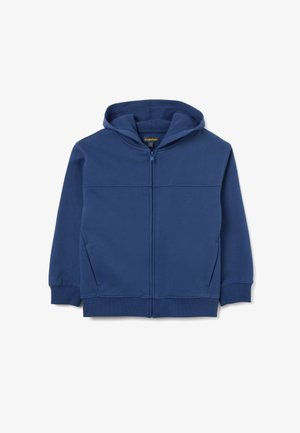 Blue zip-up hoodie made of soft cotton blend, featuring a textured inner hood, side pockets, and ribbed cuffs and hem.