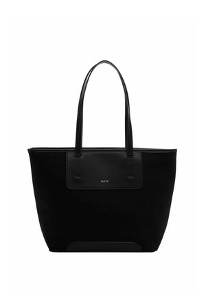 Juoda pirkinių rankinė su ilgomis rankenomis, tiesioginis priekinis užsegimas su nedideliu sidabriniu užrašu „RUE 09“ ir struktūruota apačioje esanti panelė.