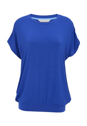 Luźna bluzka na krótki rękaw w kolorze królewskiego błękitu, z okrągłym dekoltem i elastyczną taśmą na dole, wykonana z miękkiego materiału.
