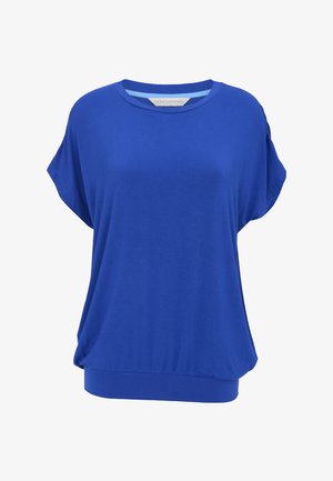 Luźna bluzka na krótki rękaw w kolorze królewskiego błękitu, z okrągłym dekoltem i elastyczną taśmą na dole, wykonana z miękkiego materiału.