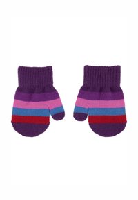 Guanti a maglia con strisce viola, rosa, blu e rosse. Polsini a coste, punte arrotondate e una consistenza morbida. Adatti per il clima freddo.