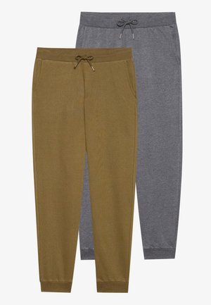 Two pairs of jogger pants: one olive green and one gray. Both feature elastic waistbands, drawstrings, and side pockets.