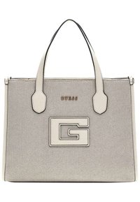 Borsa a tracolla beige testurizzata con bordi neri, dotata di doppio manico e un logo in rilievo prominente sulla parte anteriore. Materiale sintetico resistente.