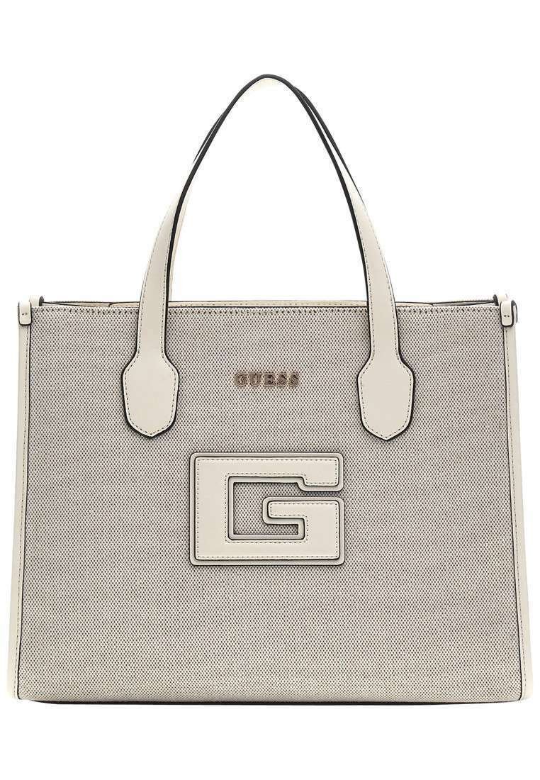 Borsa a tracolla beige testurizzata con bordi neri, dotata di doppio manico e un logo in rilievo prominente sulla parte anteriore. Materiale sintetico resistente.