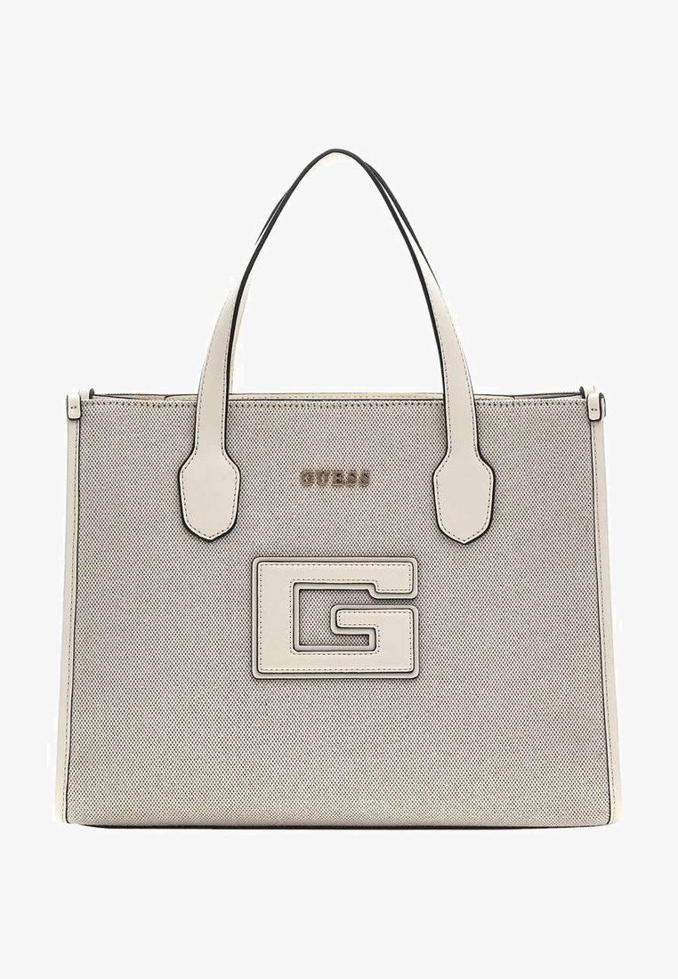 Borsa a tracolla beige testurizzata con bordi neri, dotata di doppio manico e un logo in rilievo prominente sulla parte anteriore. Materiale sintetico resistente.