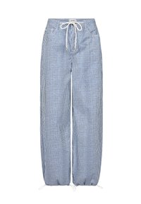 Kalhoty s širokým střihem a šňůrkami v pase, zdobené modro-bílým pruhovaným vzorem. Vyrobené z lehkého materiálu, s elastickými manžetami a bočními kapsami.