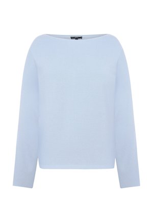 Hellblauer, gerippter Strickpullover mit langen Ärmeln und einem Bootsausschnitt, Größe 36, auf weißem Hintergrund präsentiert.