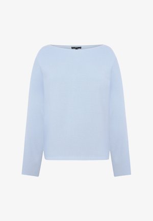 Lyseblå ribstrikket sweater med lange ærmer og bådudskæring, størrelse 36, vist på en ensfarvet hvid baggrund.