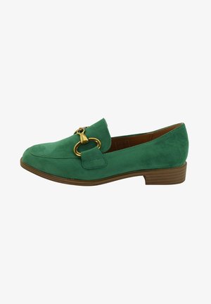 Mocassino in suede verde con punta arrotondata, decorazioni in oro e tacco a blocco basso marrone. Tessuto liscio, design semplice e senza motivi visibili.