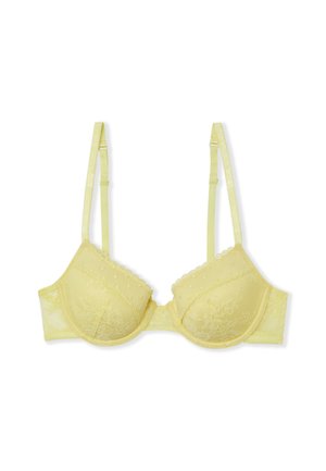 Sostén amarillo de encaje con aro, tirantes ajustables y bordes festoneados sobre fondo blanco.