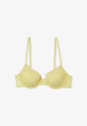 Reggiseno giallo con ferretto e pizzo, spalline regolabili e bordi smerlati su sfondo bianco.